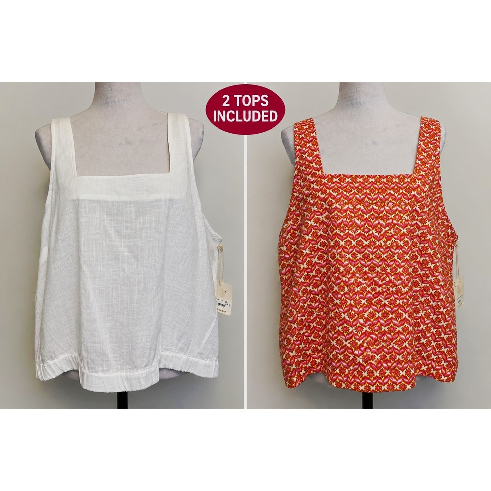 a.n.a Women's 2X 2-Pack Square Neck Sleeveless Cotton Tanks White Orange